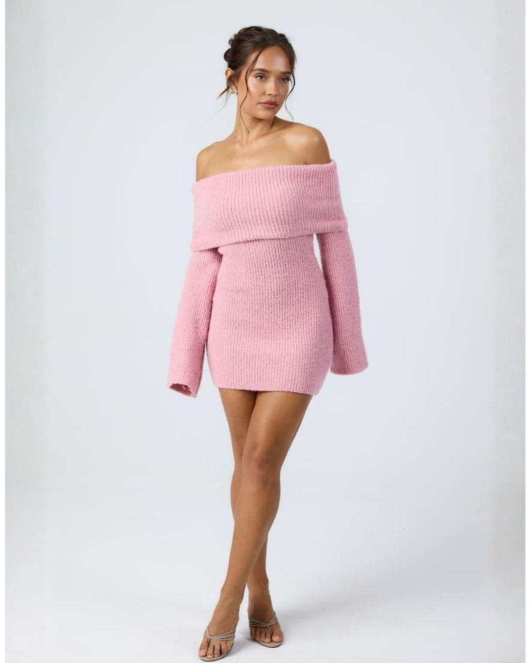 Aria Cove Pink Knitted Bardot Mini Jumper Dress
