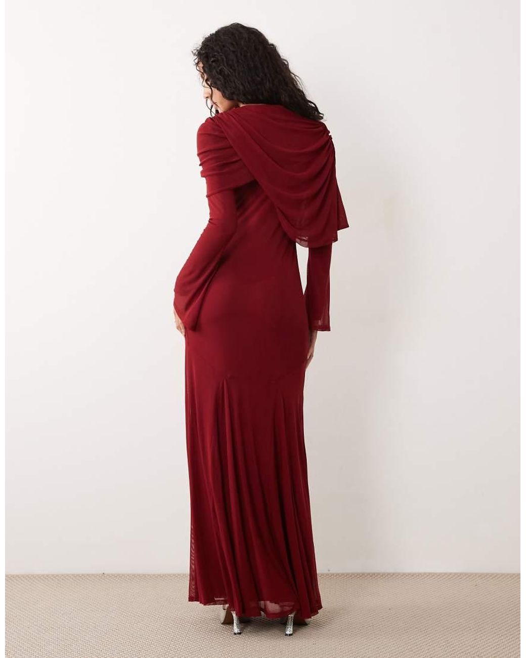 ASOS Red Modesty Mesh Maxi Dress With Overlay Draped Neckline Detail
