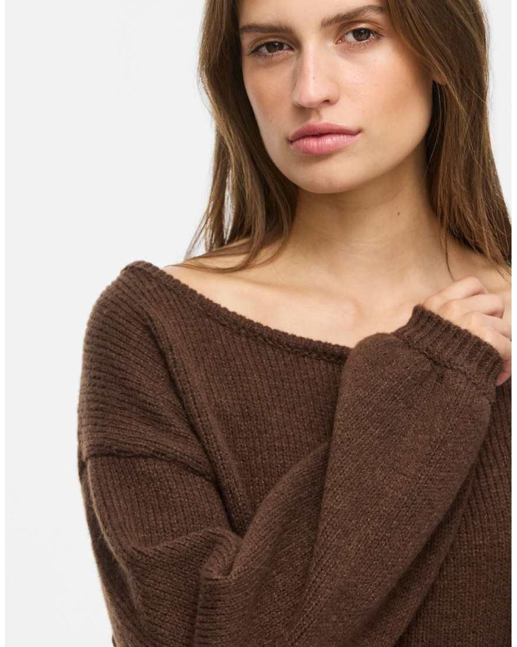 Noisy May Brown Bellis Ribbed Boat Neck Top