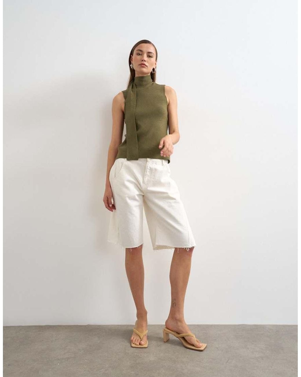 TOPSHOP Green Knitted Drape Scarf Detail Top