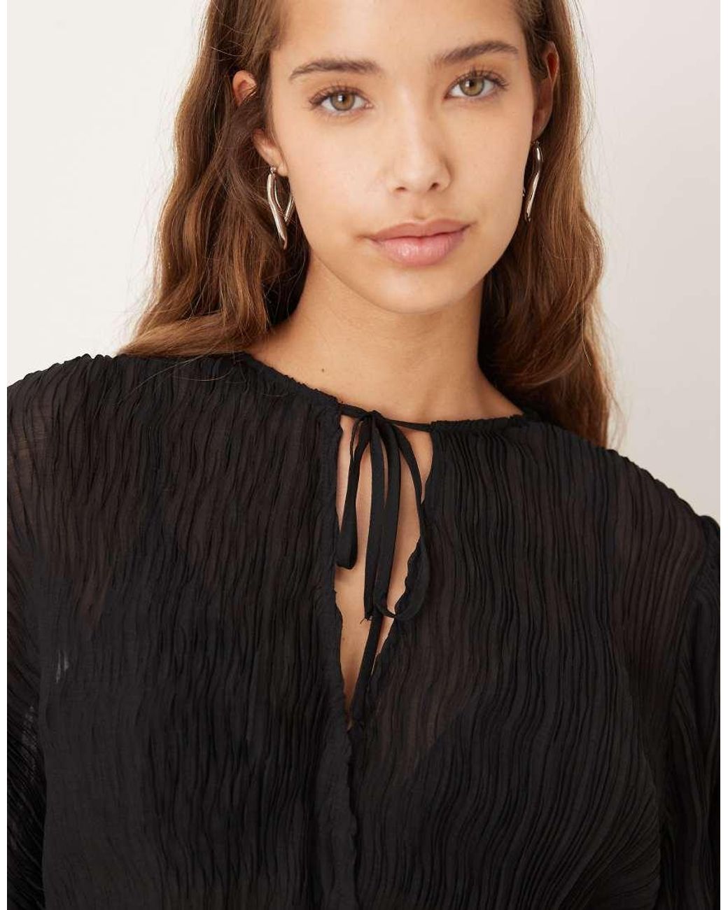 Gina Tricot Blue Crinkle Long Sleeve Wrap Blouse With Tie Detail