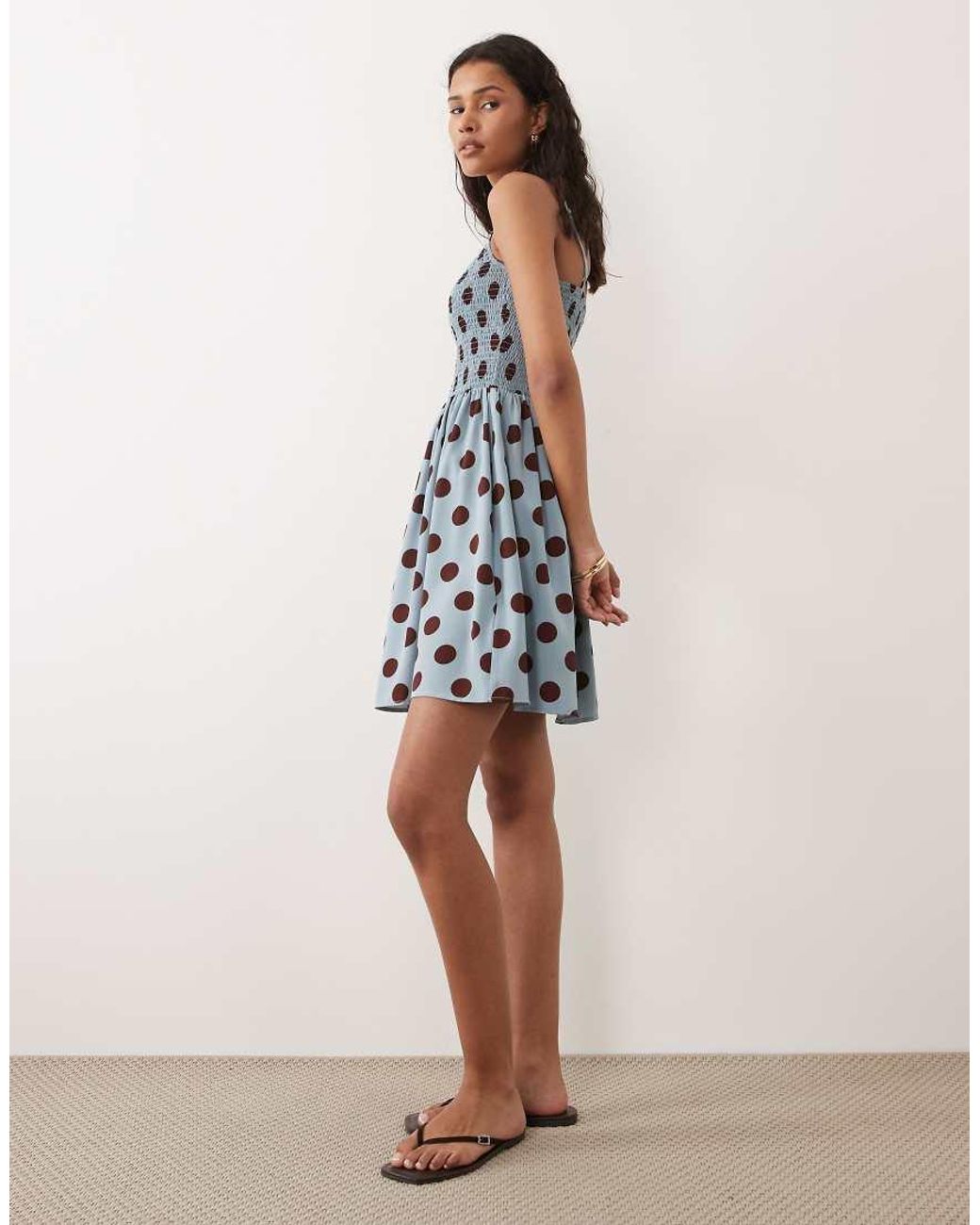 Brave Soul Natural Polka Dot Mini Dress With Shirred Bodice