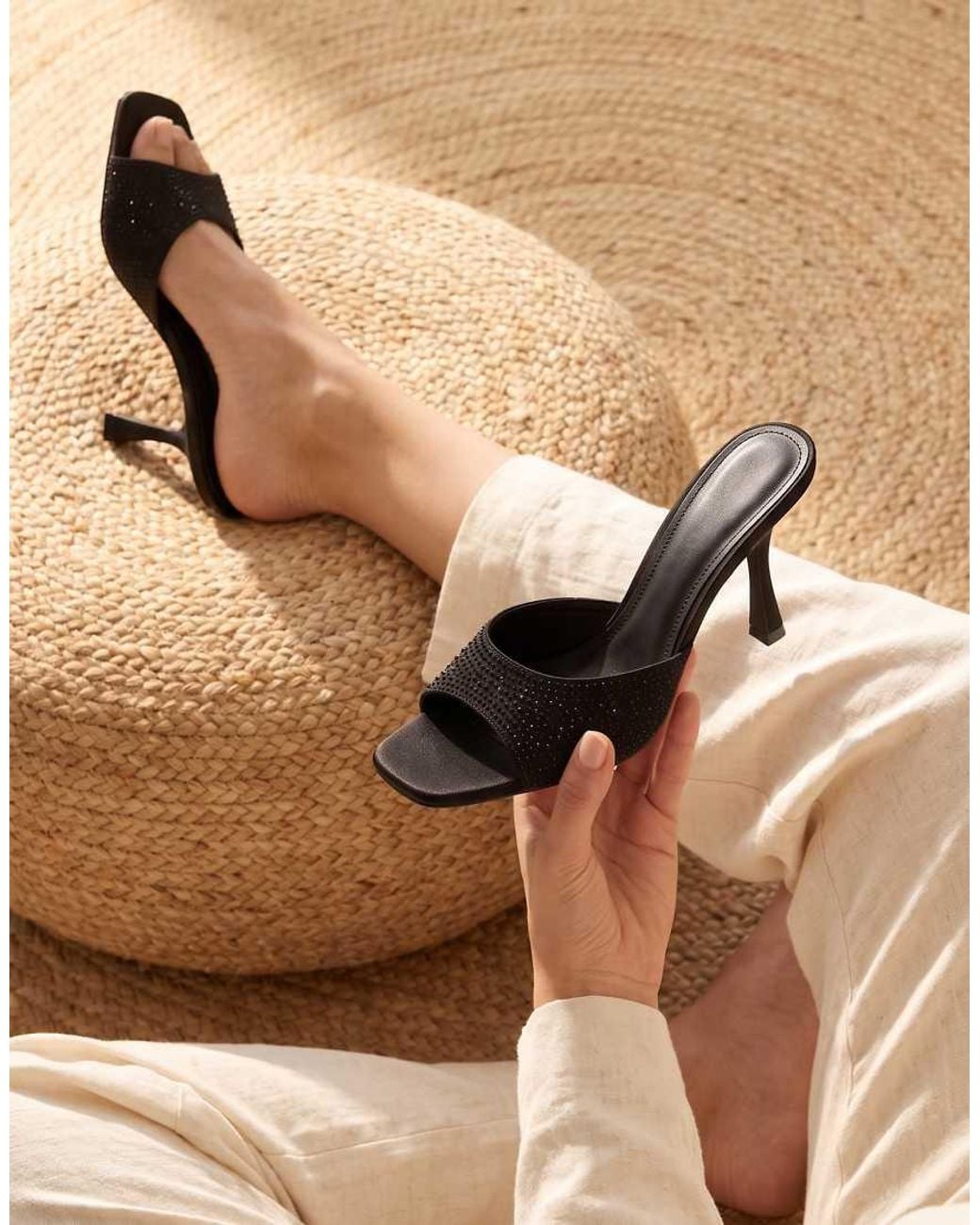 SEQWL Black Open Toe Slip-On High Heel Mule Sandals