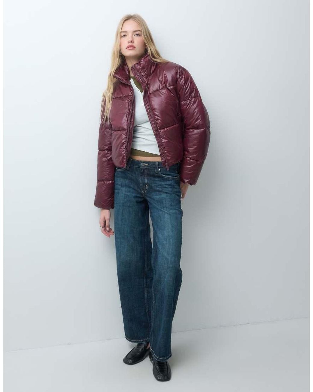 Pieces Purple Funnel Neck Short Padded Coat