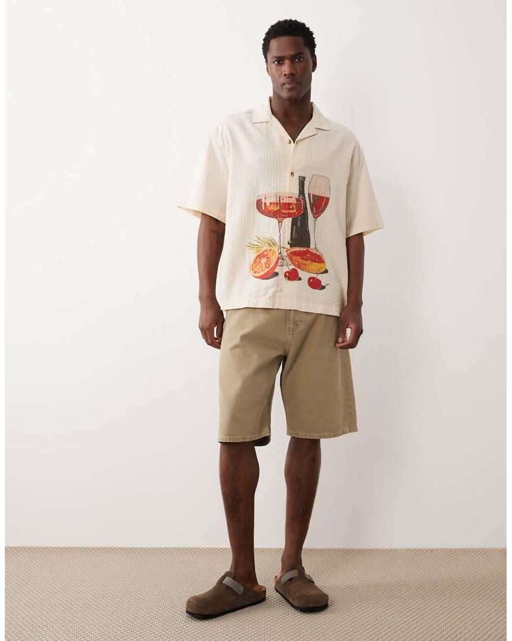 ASOS Natural Oversized Seersucker Shirt With Placement Print for men