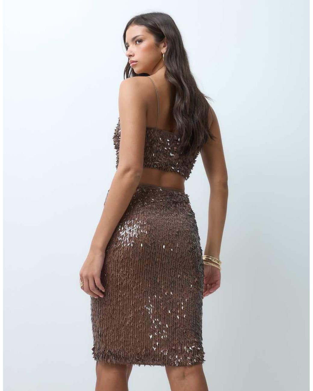 ASOS Brown Co-ord Feather Sequin Midi Skirt