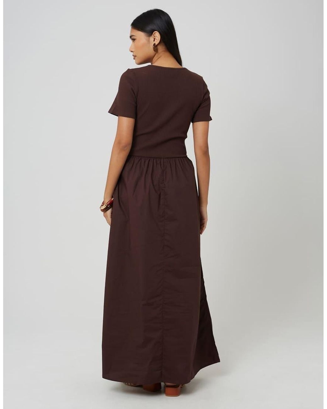 Brave Soul Brown Crew Neck Jersey And Poplin Mix Maxi Dress