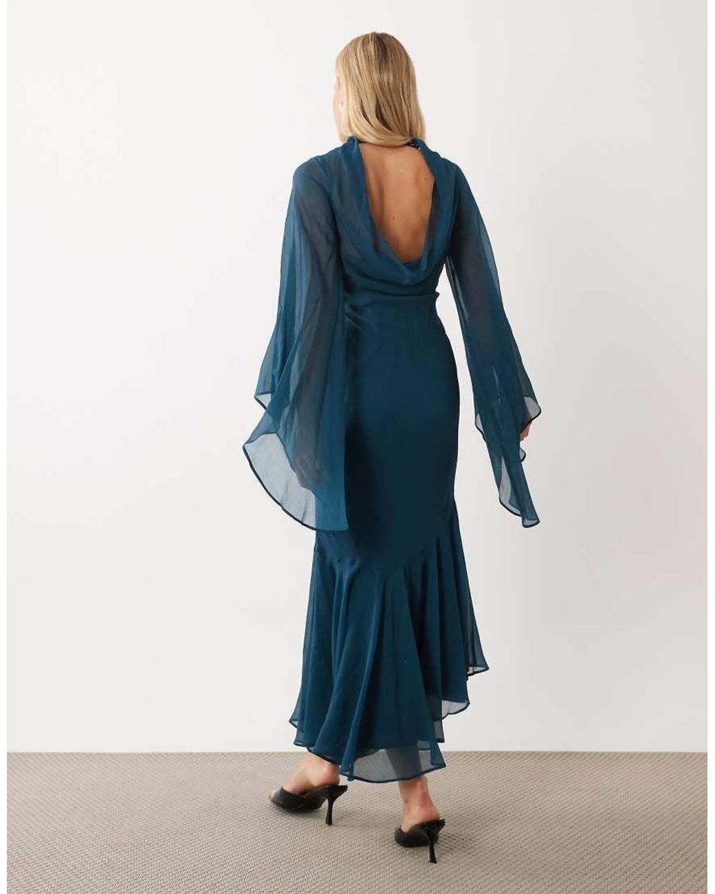 ASOS Blue Flute Sleeve Maxi Dress With Asymmetric Ruffle Hem