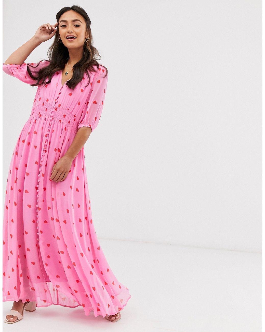 Ghost Valentina Georgette Heart Print Maxi Dress in Pink | Lyst UK