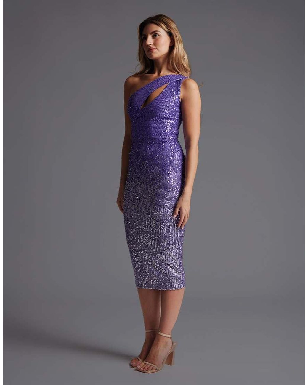 Vesper Purple One Shoulder Ombre Sequin Midaxi Dress With Cut Out
