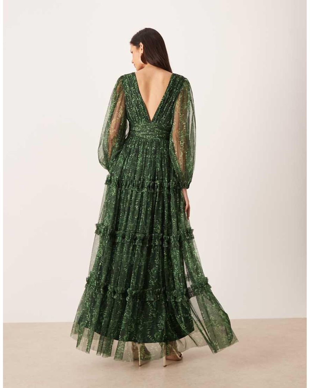 LACE & BEADS Green Deep V-neck Sheer Bell Sleeve Maxi Dress
