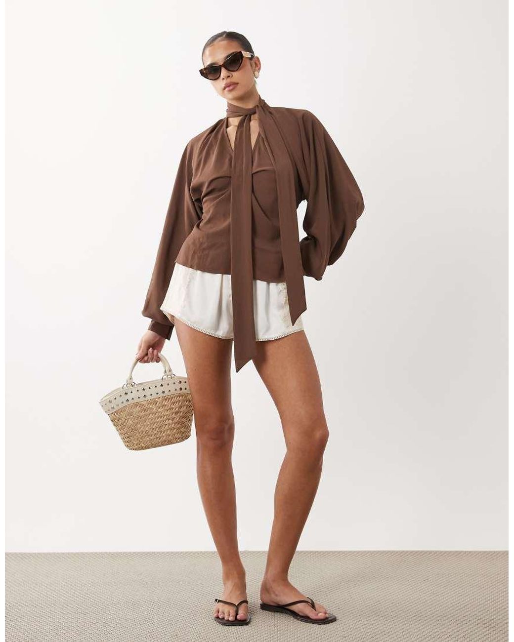 ASOS Brown V Neck Tie Detail Batwing Blouse