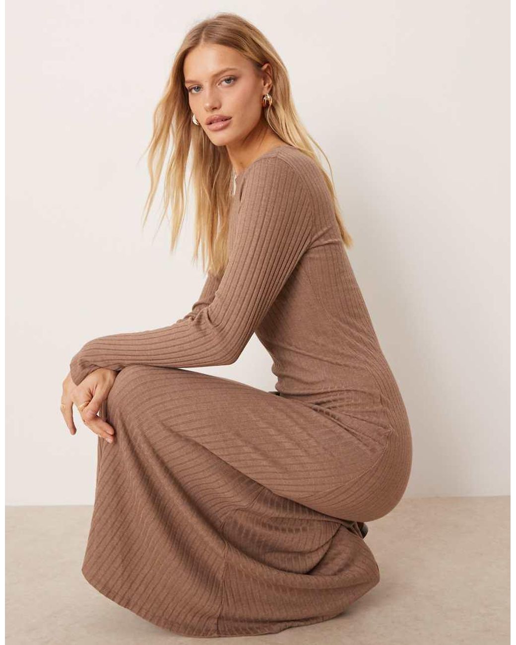 ASOS Natural Ribbed Long Sleeve Seam Detail Maxi Dress