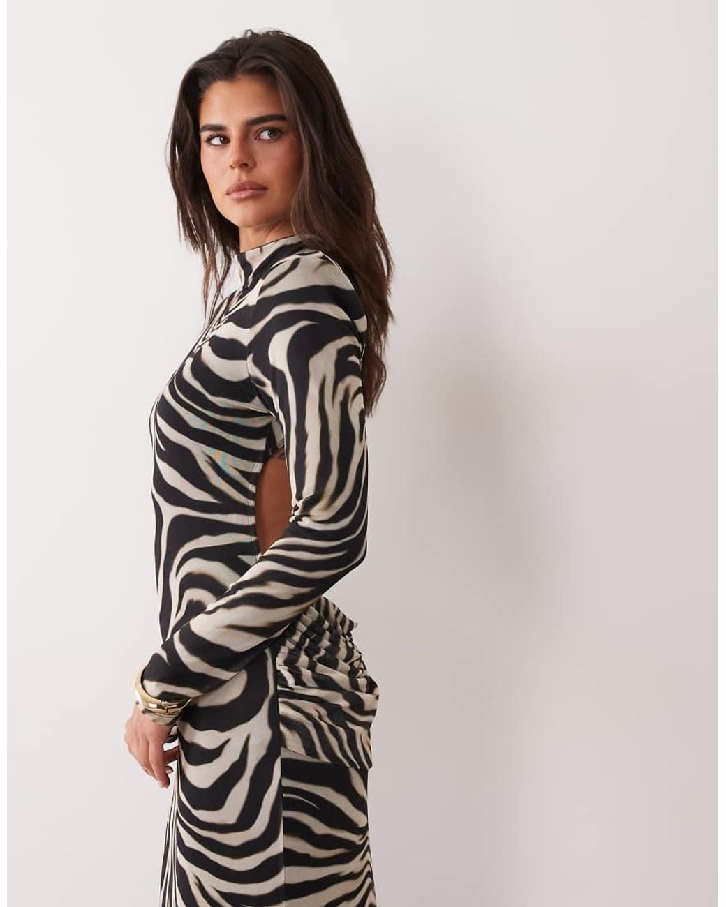 ASOS White Printed Zebra Animal Mesh Deep Cowl Mini Dress With exaggerated Sash And Shoulder Pads