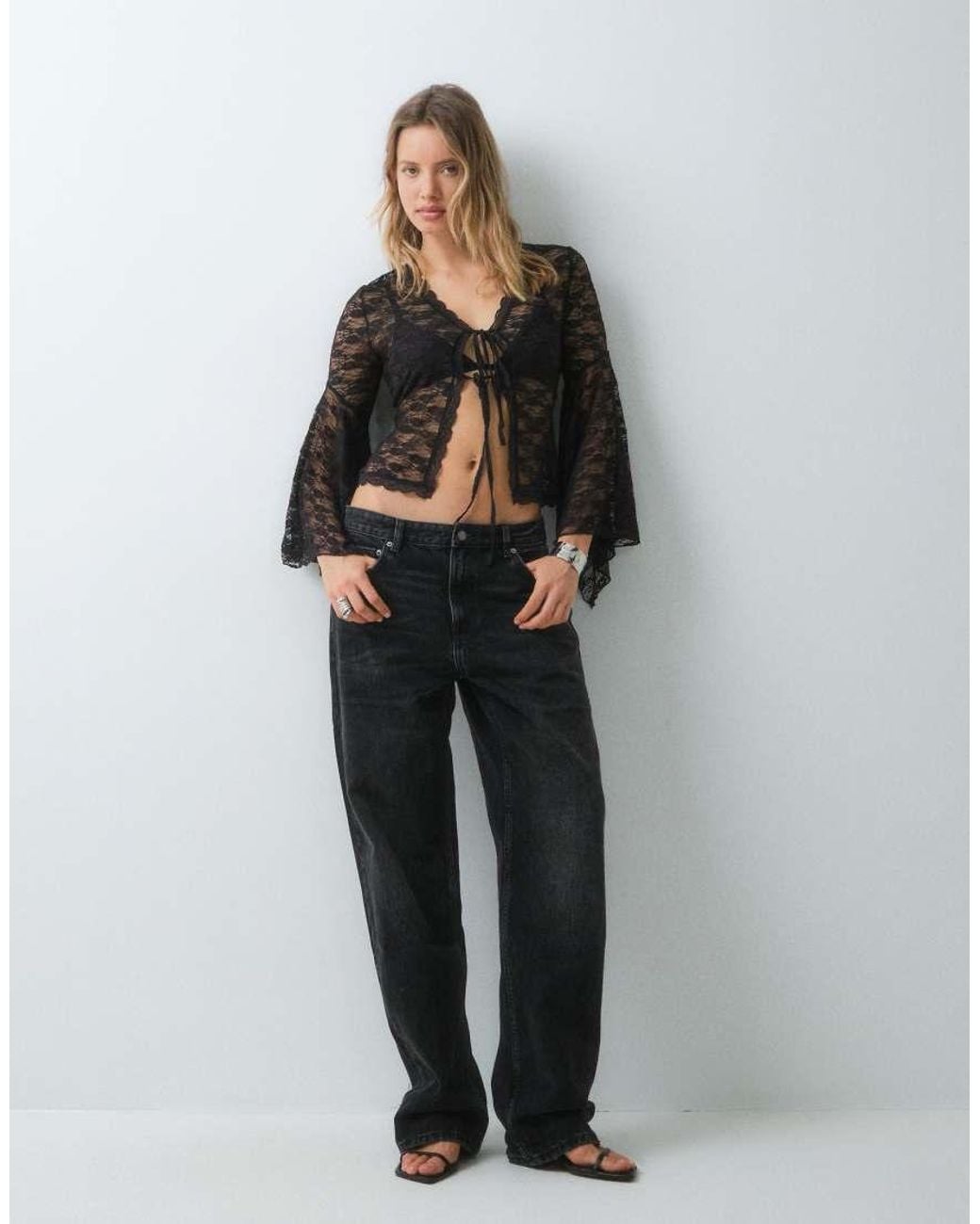 Miss Selfridge Black Lace Tie Front Top With Fluted Sleeve