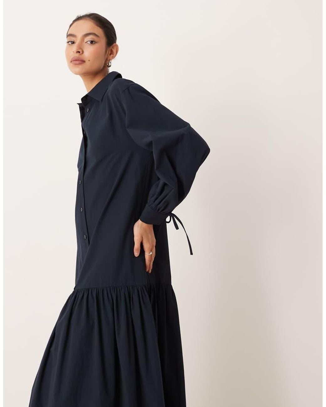 ASOS Blue Long Sleeved Tie Detail Maxi Shirt Dress