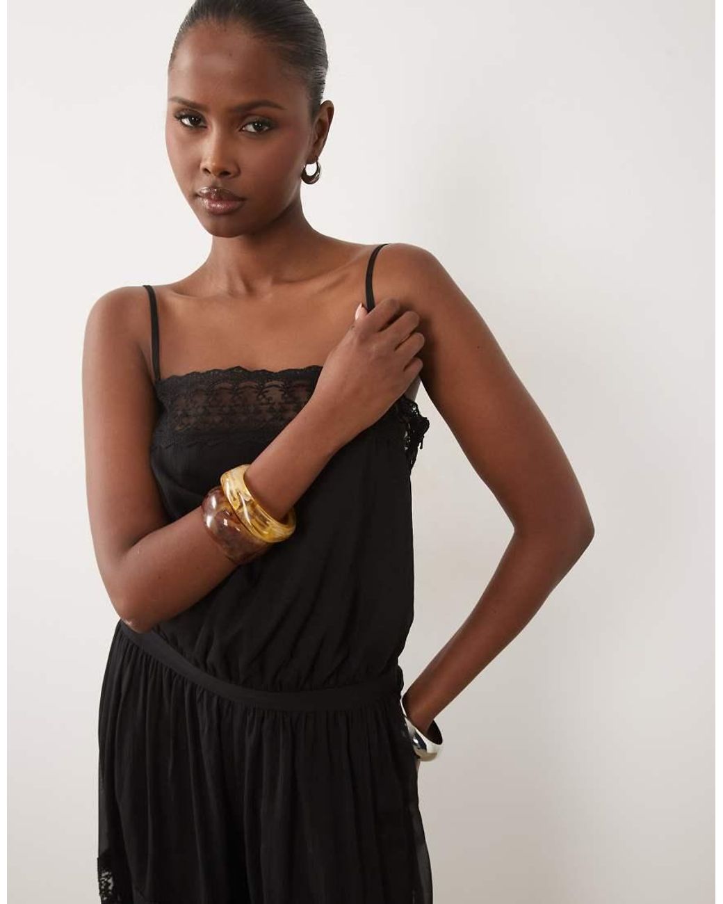 ASOS Black Sheer Lace Jumpsuit With Bubble Hem