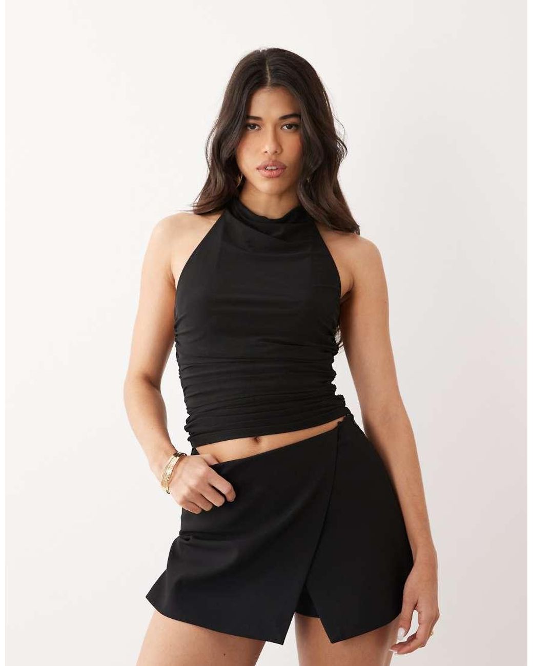 ASOS Black Mesh Halter Top With Draped Neckline
