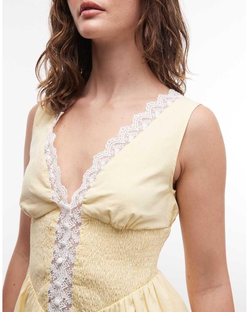 Daisy Street Natural V Neck Lace Detail Mini Dress With Shirred Waist