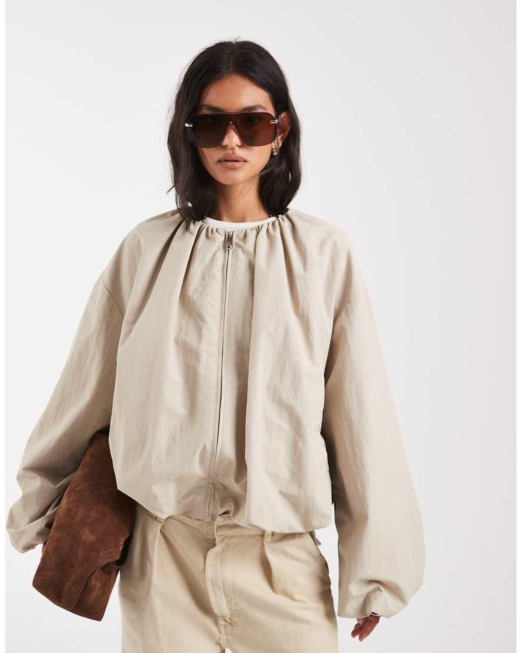 ASOS Natural Cropped Bubble Hem Nylon Bomber Jacket