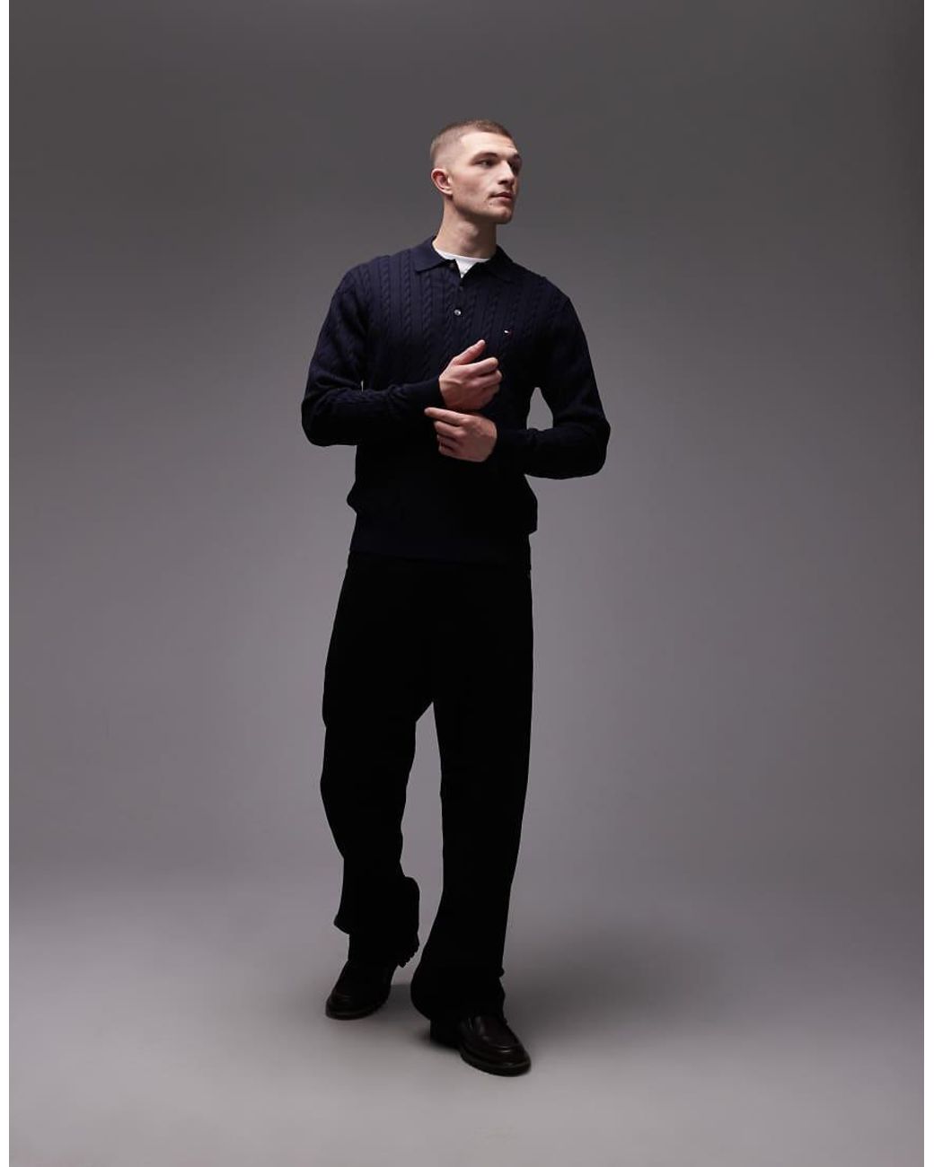Tommy Hilfiger Blue Cable Knit Long Sleeve Polo Shirt for men