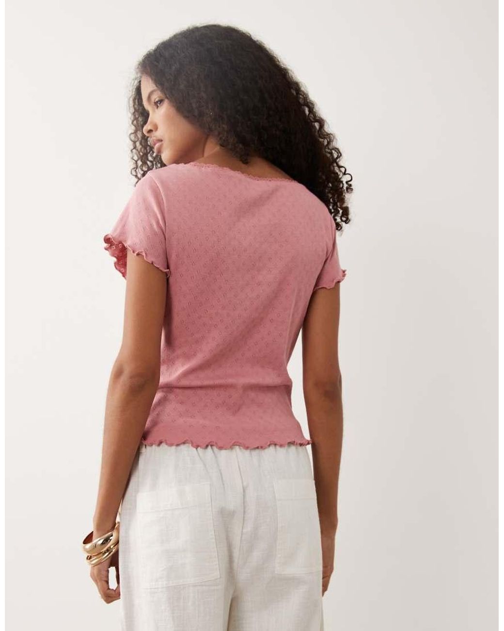 Miss Selfridge Red Short Sleeve Pointelle Keyhole Top