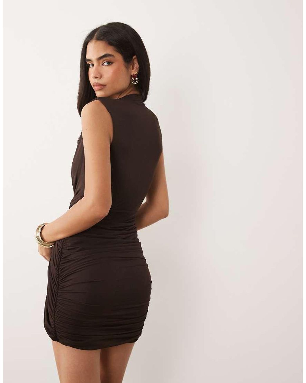 ASOS Natural Plunge Draped Mesh Mini Dress With Knot Detail