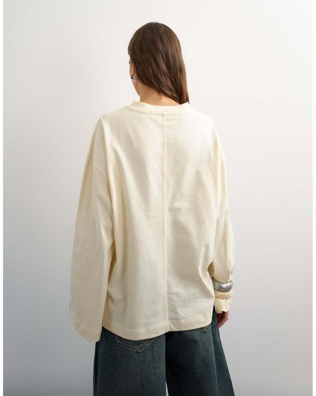 TOPSHOP Natural V Neck Long Sleeve Skater Top