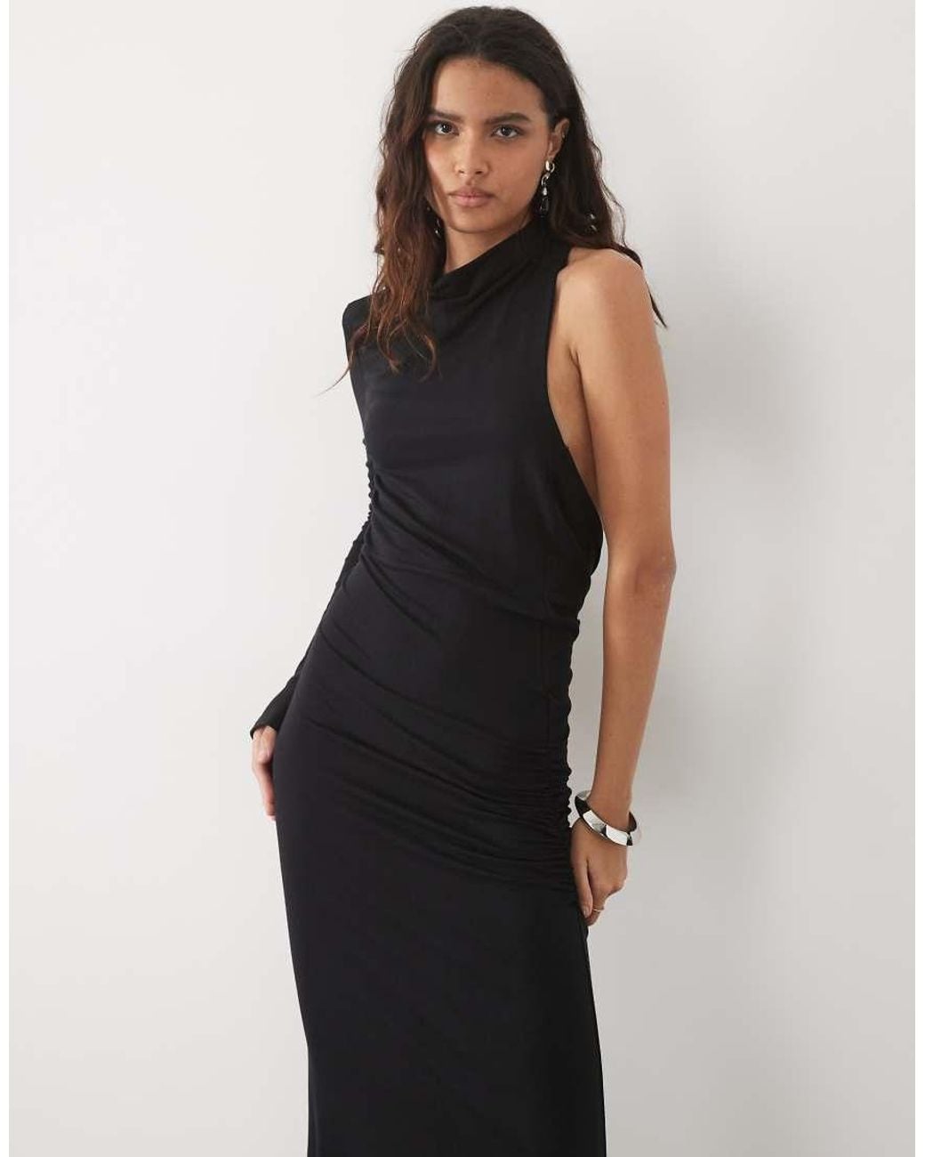 ASOS Black High Neck Asymmetric One Sleeve Maxi Dress With Slash Cutout Back