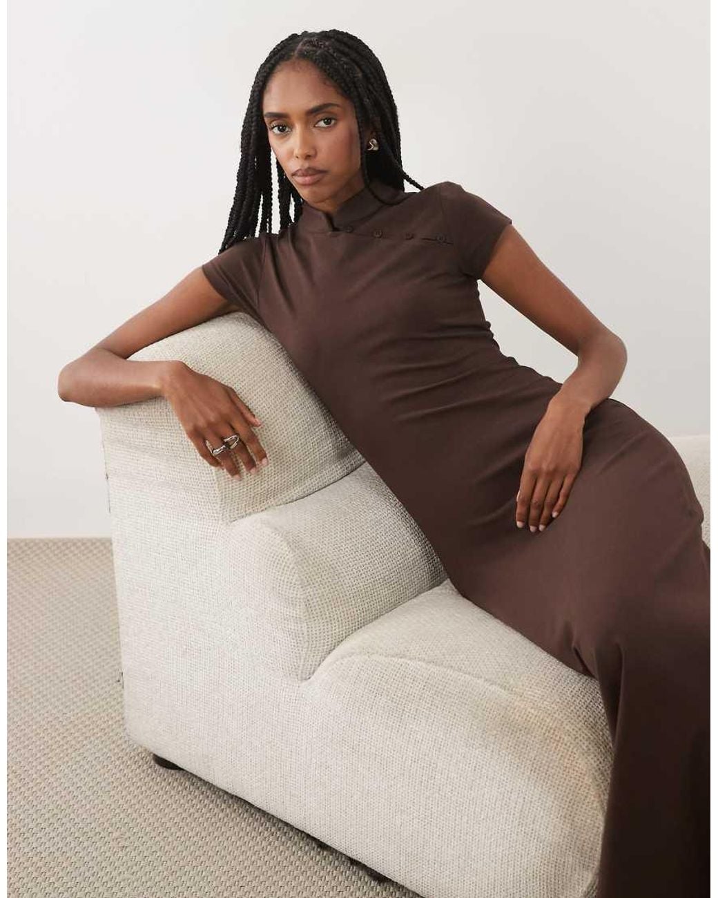 ASOS Brown Cap Sleeve With Rouleau Loop Midi Dress