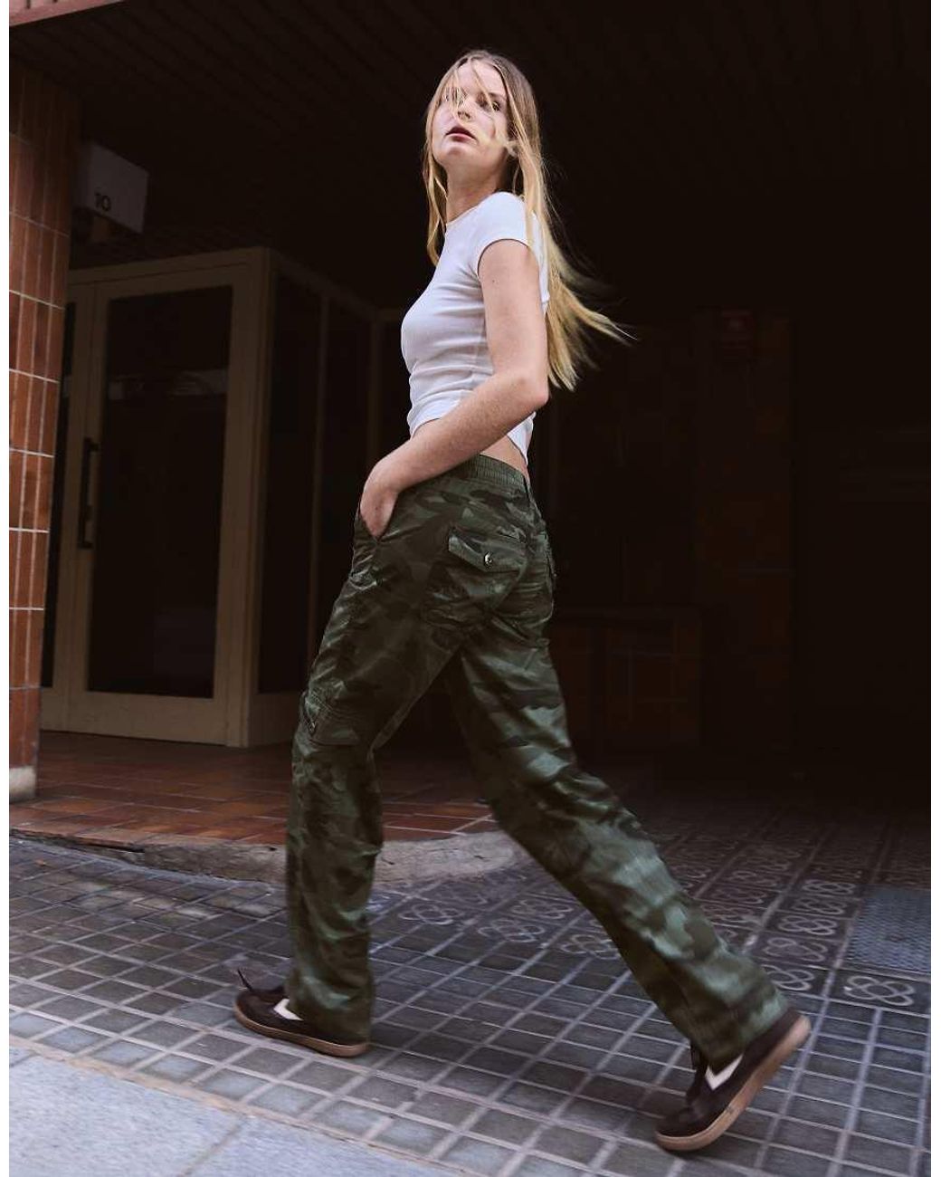 Bershka Brown Straight-Leg Camouflage Cargo Trousers