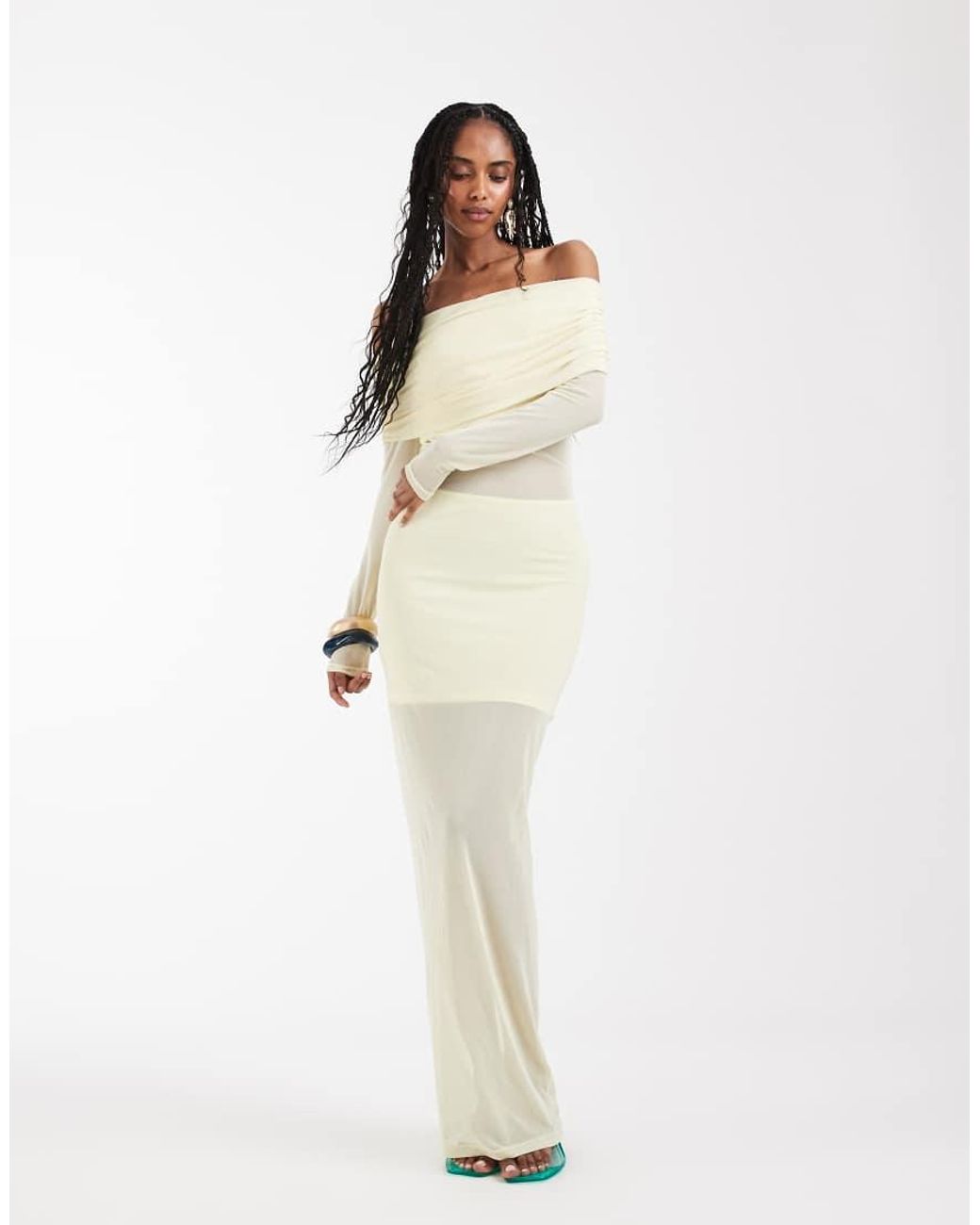 Aria Cove White Mesh Bardot Long Sleeve Exposed Panel & Sheer Hem Maxi Dress