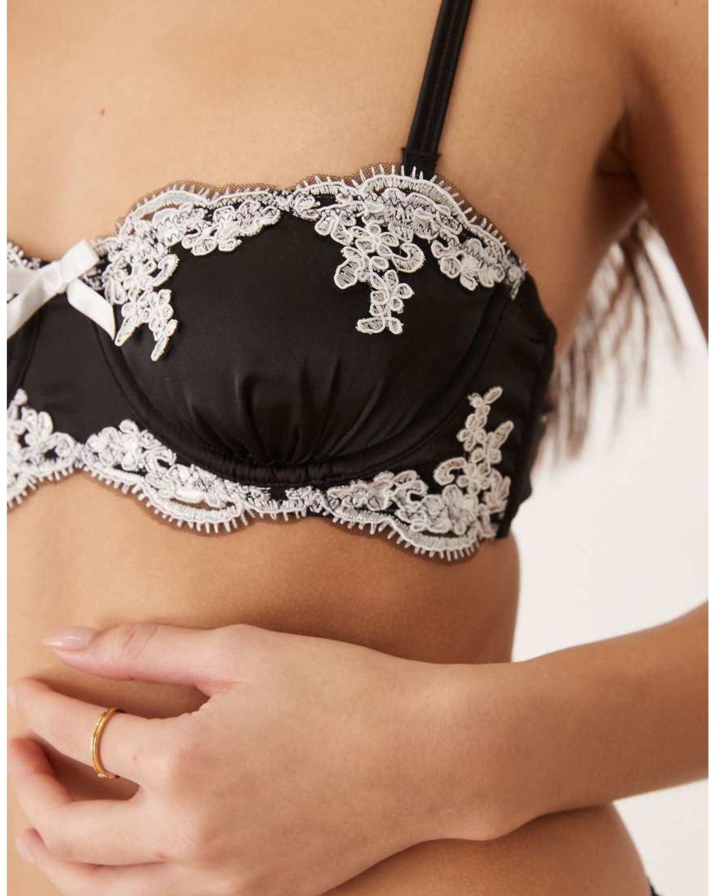 KAT THE LABEL Black Jean Lace Detail Underwired Bandeau Bra