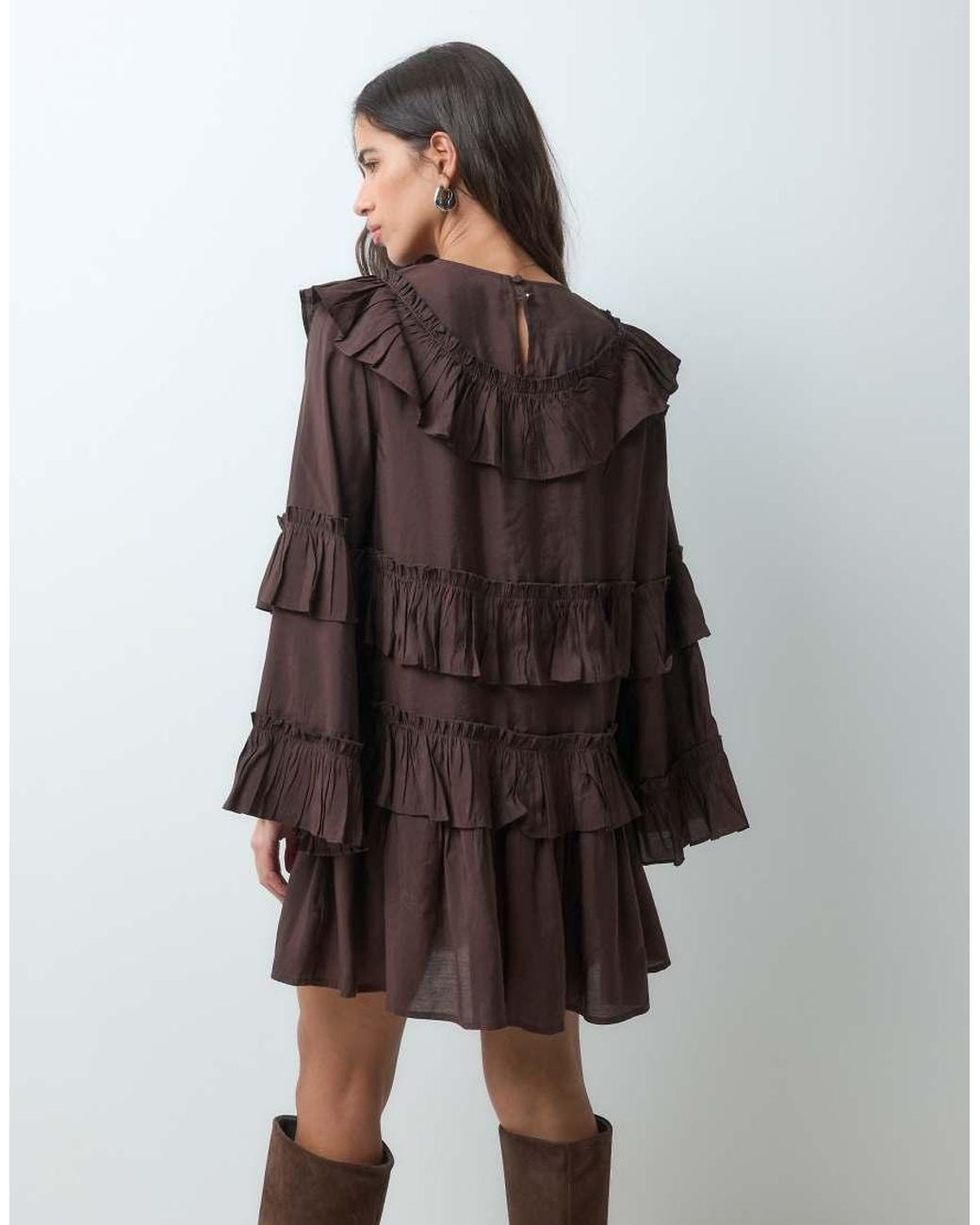 Y.A.S Brown Long Sleeve Tiered Ruffle Boho Mini Dress