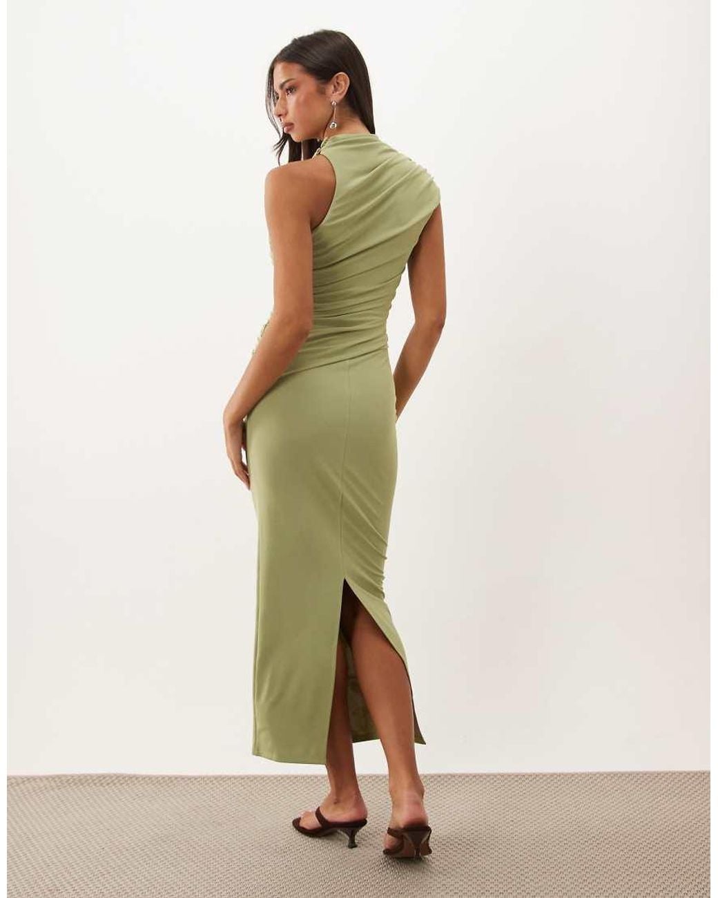 ASOS Green High Neck Asymmetric Ruched Midi Dress