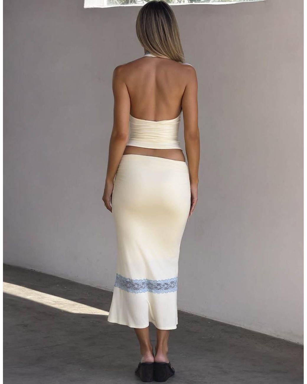 Tiger Mist Gray Calina Butter Touch Slinky Contrast Lace Trim Maxi Skirt