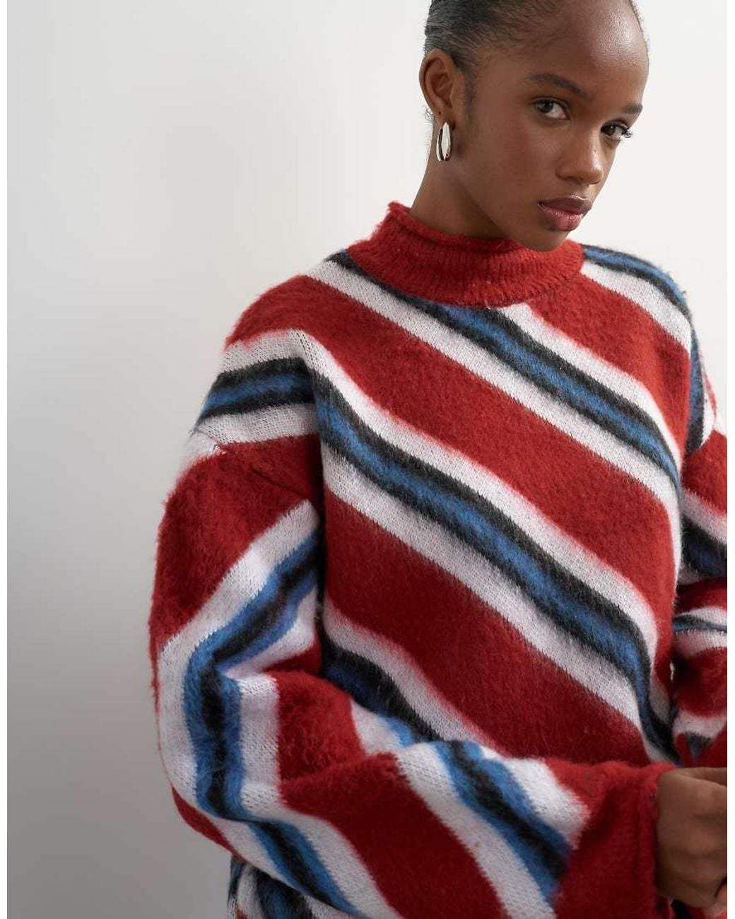 TOPSHOP Red Knitted Roll Edge Stripe Sweater