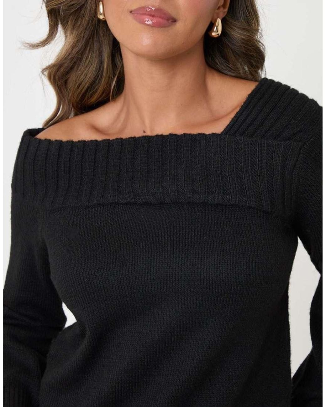 Threadbare Black Asymmetric Slash Neck Jumper