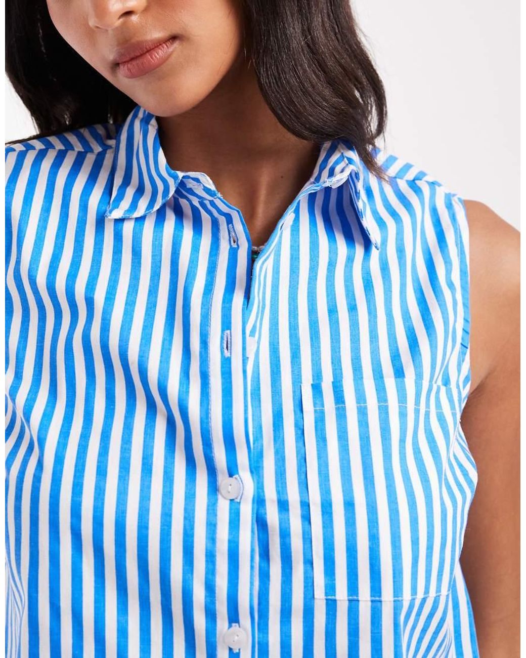 New Look Blue Co-ord Stripe Cropped Sleeveless Shirt