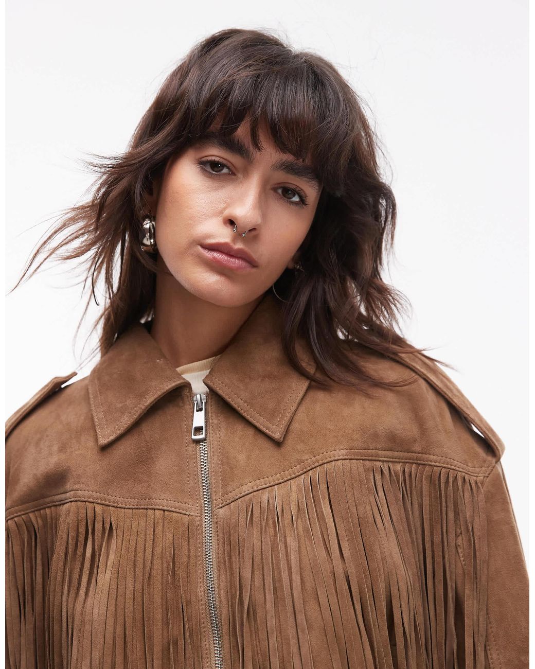 Duohropke Veste à Franges à Manches Longues Pour Femme - Veste De Motard à Revers En Daim - Veste De Moto Courte à Franges - Cardigans Décontractés, Gris, S