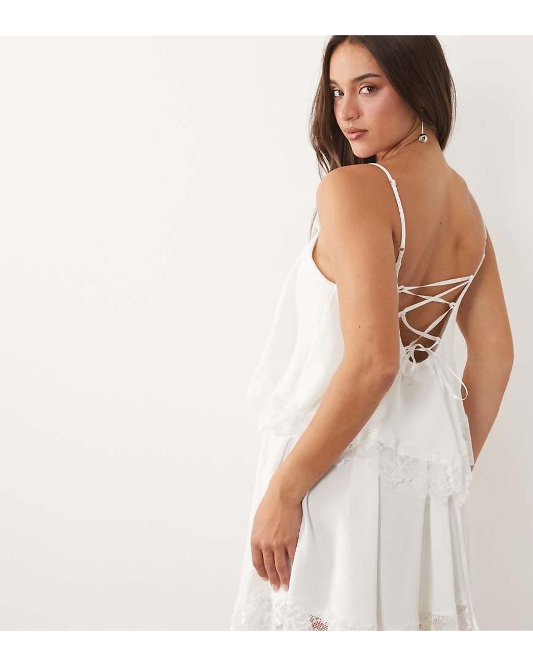 Fashionkilla Natural Exclusive Lace Trim Ruffle Tiered Lace Up Back Detail Mini Dress