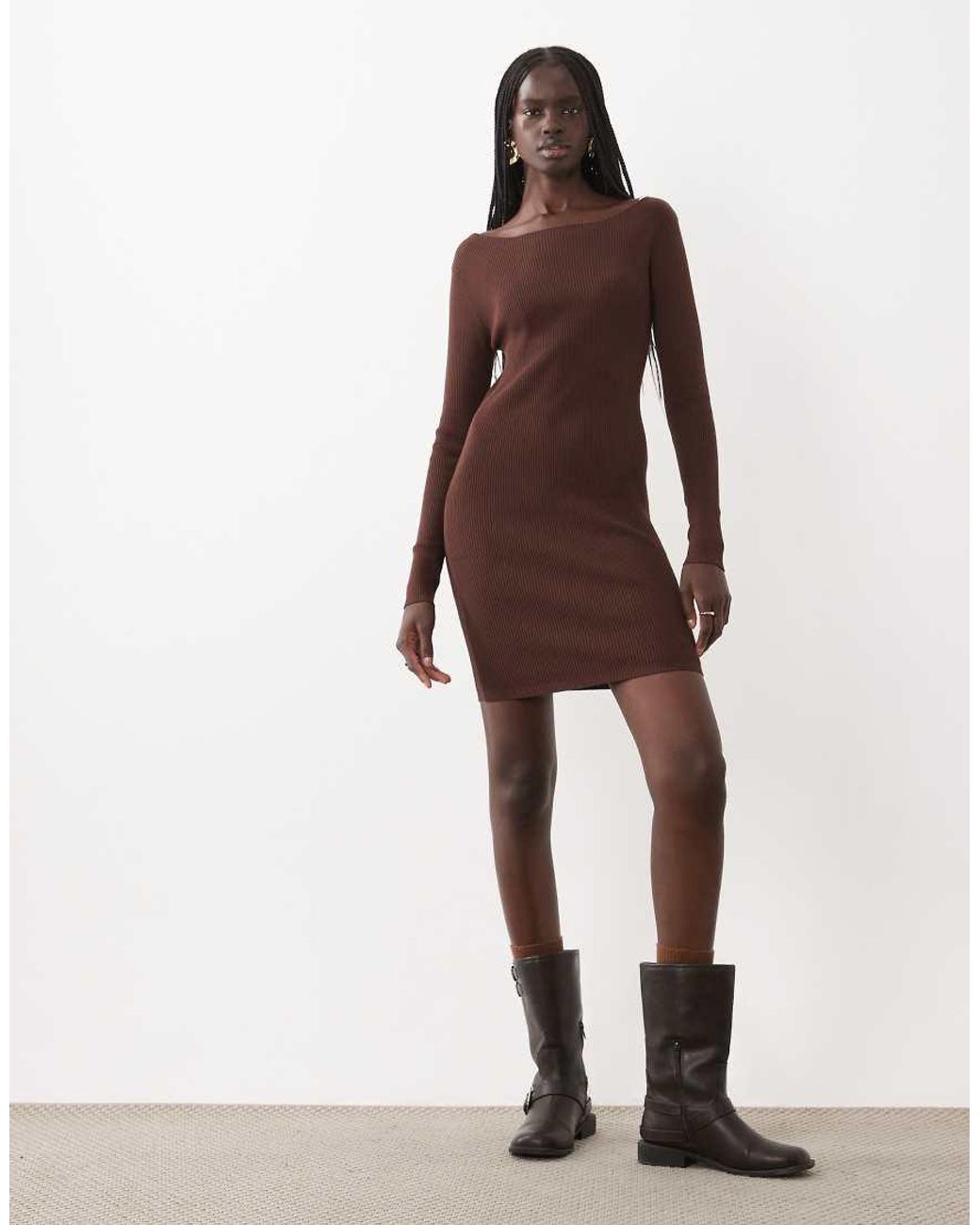 Miss Selfridge Brown Rib Knit Slash Neck Mini Dress