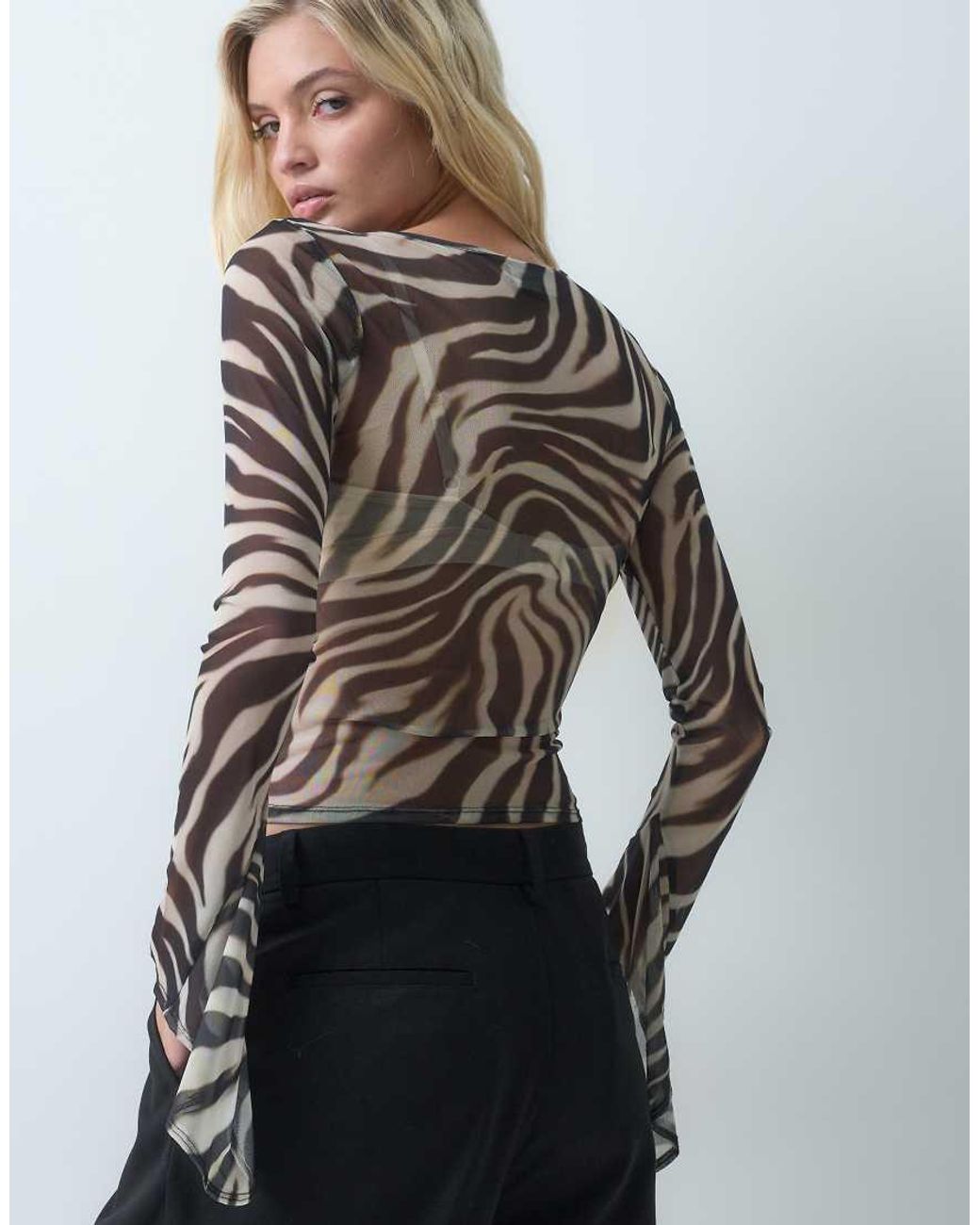 ASOS Brown Flared Sleeve Key Hole Zebra Top