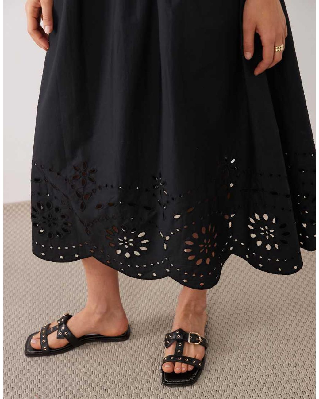 New Look Black Broderie Hem Cami Midi Dress