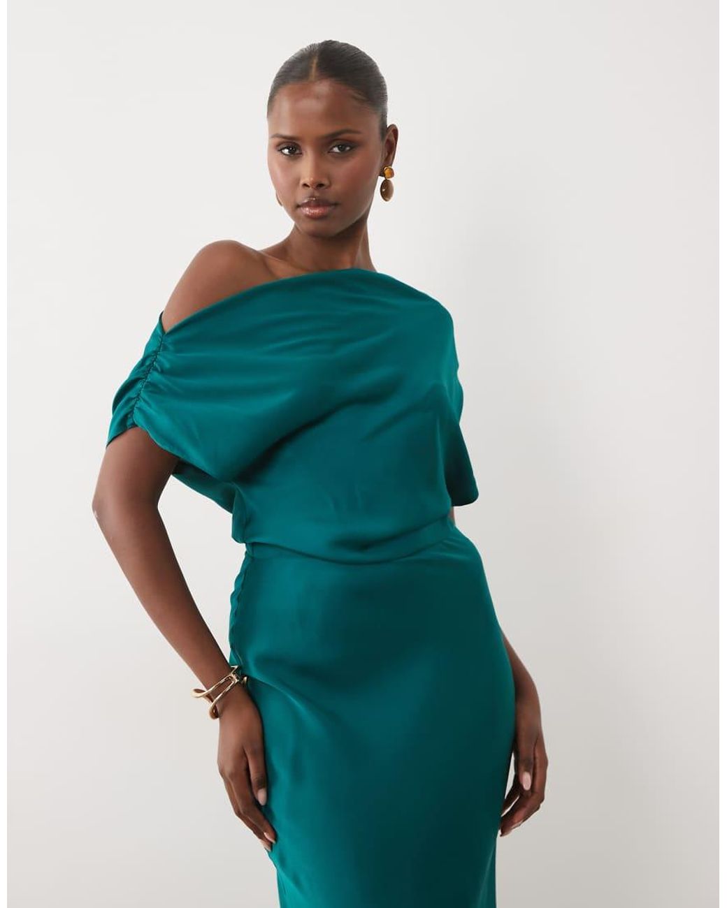 ASOS Green One Shoulder Asymmetric Satin Maxi Dress