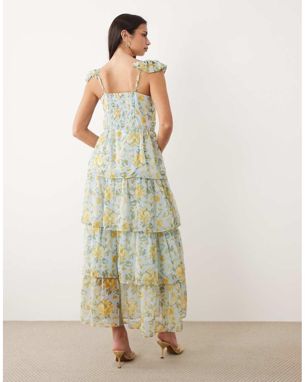 Y.A.S Green Flutter Sleeve Tiered Chiffon Maxi Dress