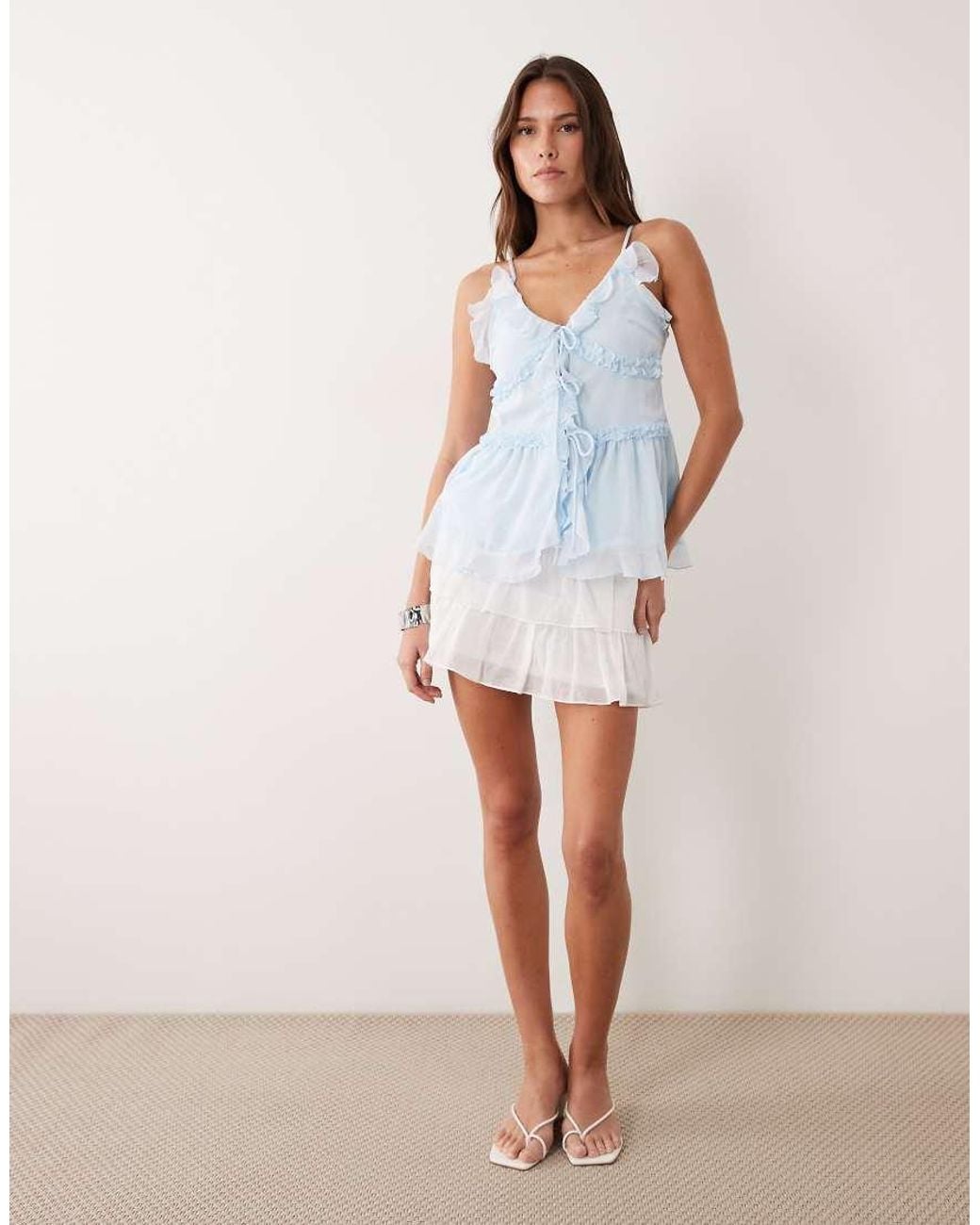 Vila Blue Tie Front Cami Top With Frill Trim