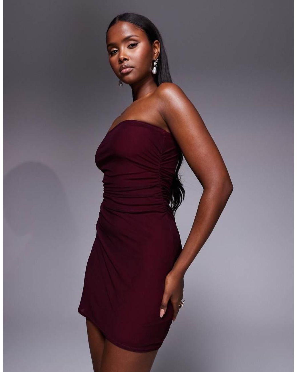 Fashionkilla Purple Exclusive Mesh Overlay Ruched Waist Bandeau Mini Dress