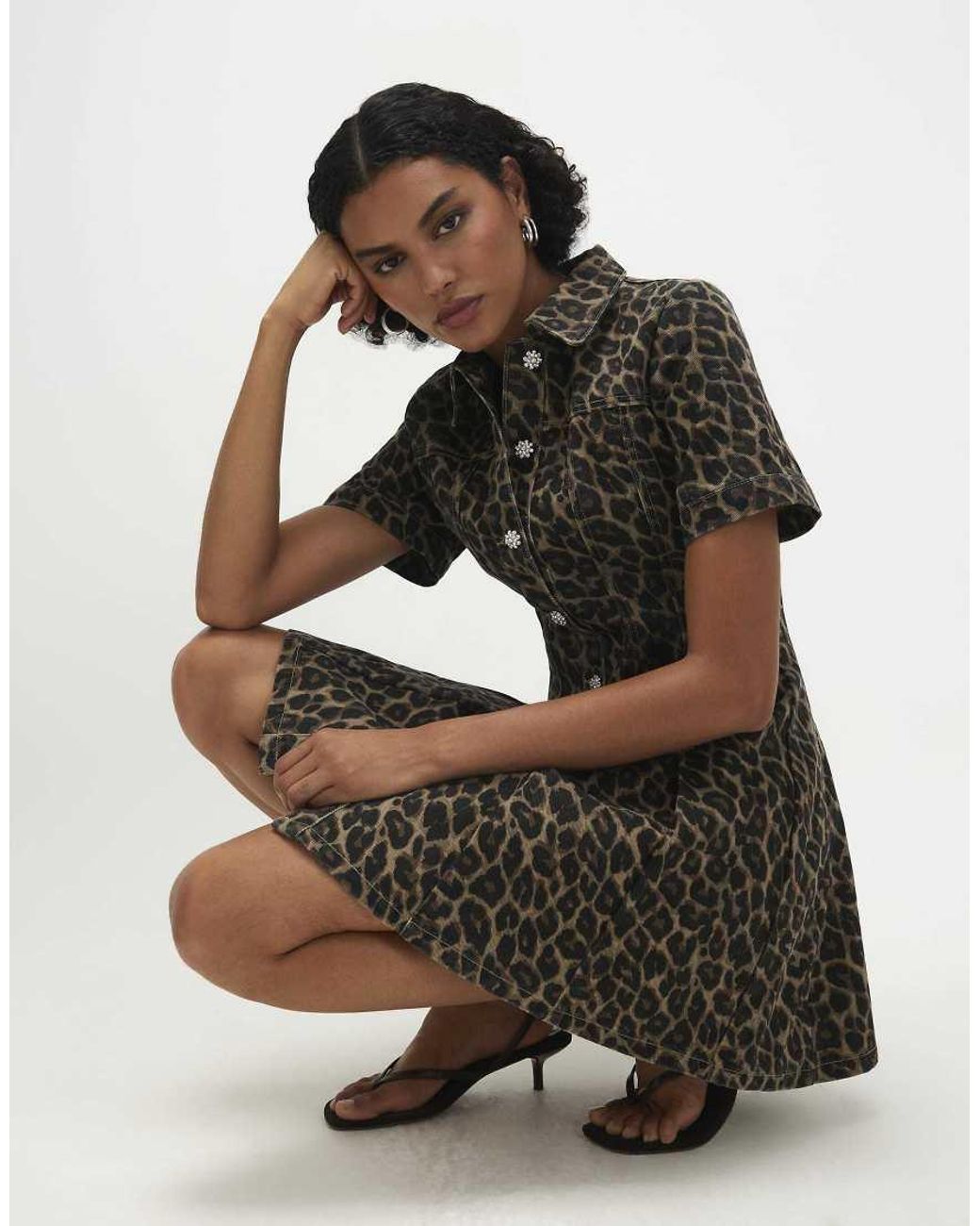 River Island Brown Leopard Print Pleat Front Denim Dress