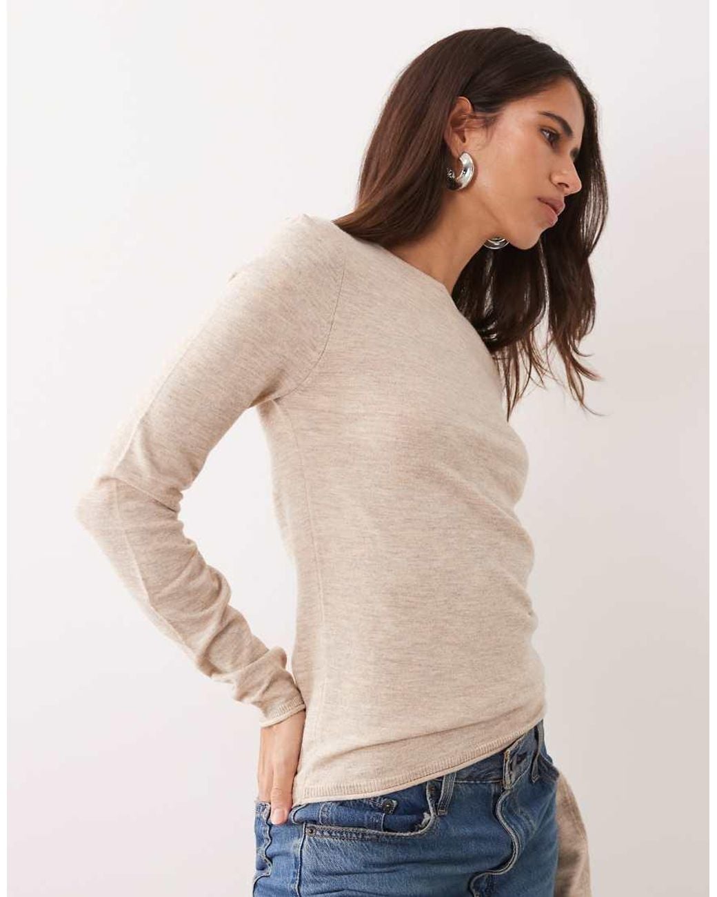 ASOS Natural Slash Neck Long Sleeve Fine Gauge Top